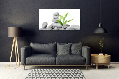 Glass Print Stones leaves art grey green