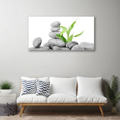 Glass Print Stones leaves art grey green