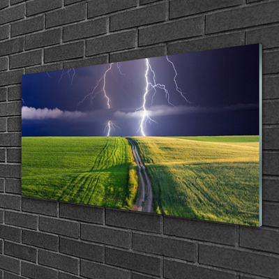 Glass Print Field path lightning landscape grey green purple white