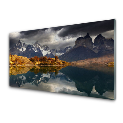 Glass Print Mountain lake landscape grey yellow white