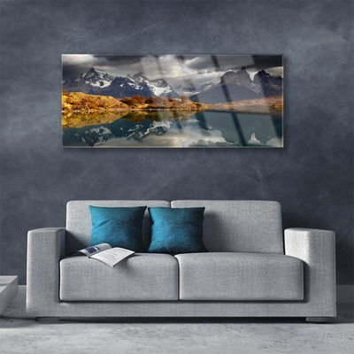 Glass Print Mountain lake landscape grey yellow white