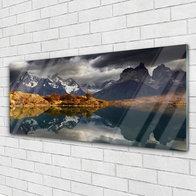 Glass Print Mountain lake landscape grey yellow white