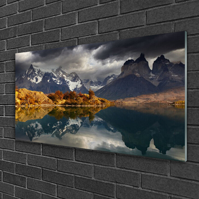 Glass Print Mountain lake landscape grey yellow white