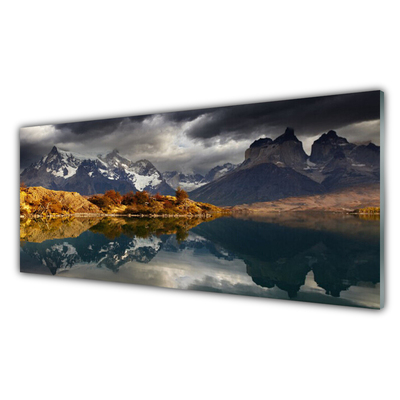 Glass Print Mountain lake landscape grey yellow white