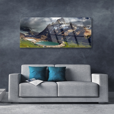 Glass Print Mountain bay landscape brown green grey