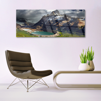 Glass Print Mountain bay landscape brown green grey