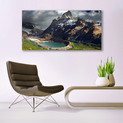 Glass Print Mountain bay landscape brown green grey