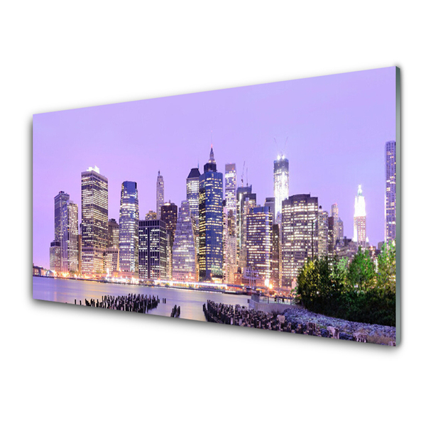 Glass Wall Art City houses purple yellow green