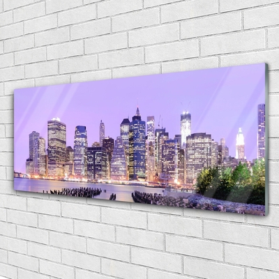 Glass Wall Art City houses purple yellow green