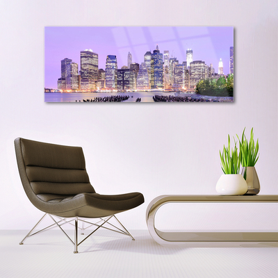 Glass Wall Art City houses purple yellow green