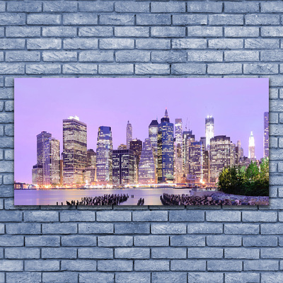 Glass Wall Art City houses purple yellow green