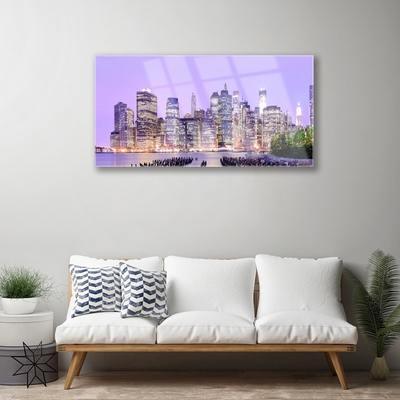 Glass Wall Art City houses purple yellow green