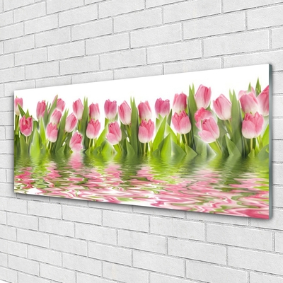 Glass Wall Art Tulips floral pink green