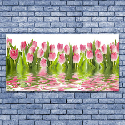 Glass Wall Art Tulips floral pink green