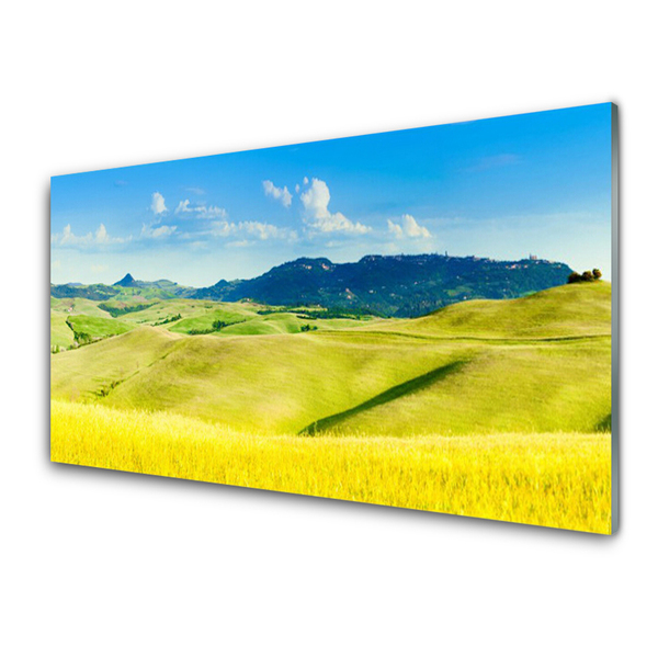 Glass Wall Art Country mountains landscape green blue
