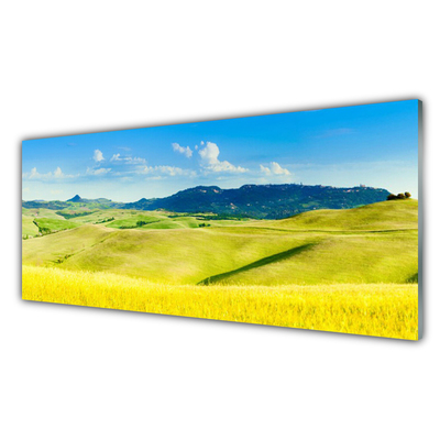 Glass Wall Art Country mountains landscape green blue