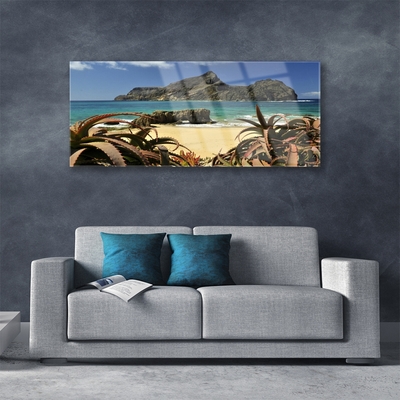 Glass Wall Art Beach sea rocks landscape brown blue grey