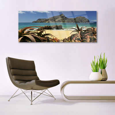 Glass Wall Art Beach sea rocks landscape brown blue grey