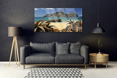 Glass Wall Art Beach sea rocks landscape brown blue grey