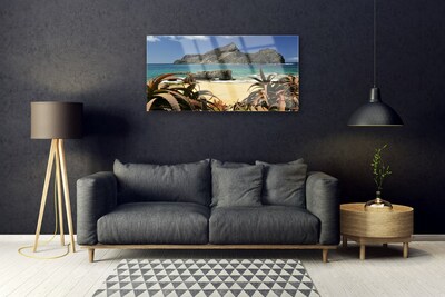 Glass Wall Art Beach sea rocks landscape brown blue grey