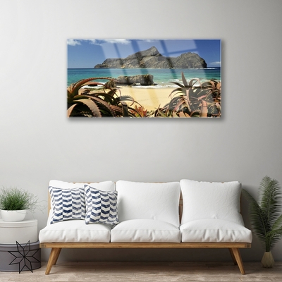 Glass Wall Art Beach sea rocks landscape brown blue grey