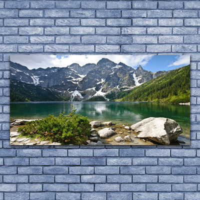 Glass Wall Art Lake mountains landscape blue grey white