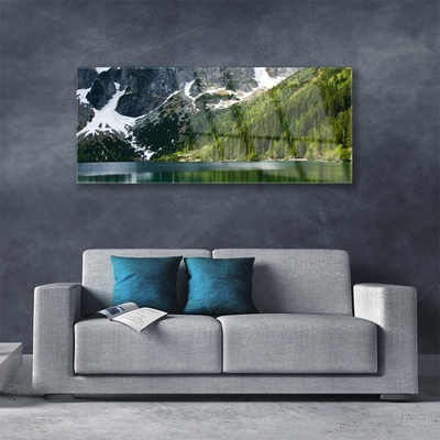 Glass Wall Art Lake forest mountains landscape grey white green