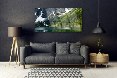 Glass Wall Art Lake forest mountains landscape grey white green