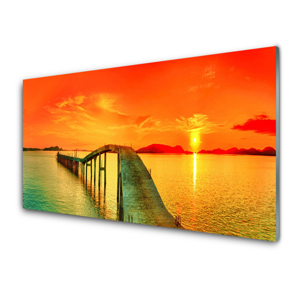 Glass Wall Art Bridge sea architecture grey blue orange yellow