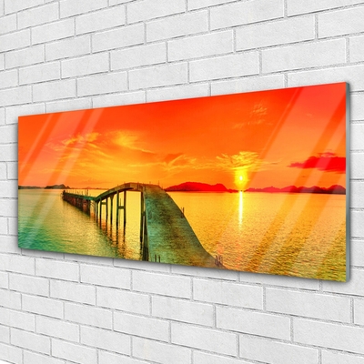 Glass Wall Art Bridge sea architecture grey blue orange yellow