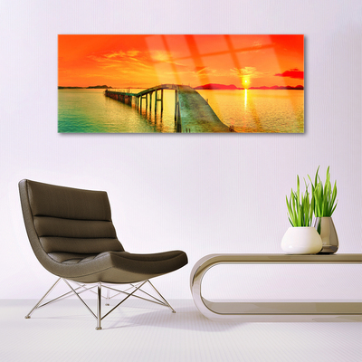 Glass Wall Art Bridge sea architecture grey blue orange yellow