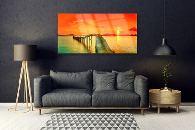 Glass Wall Art Bridge sea architecture grey blue orange yellow