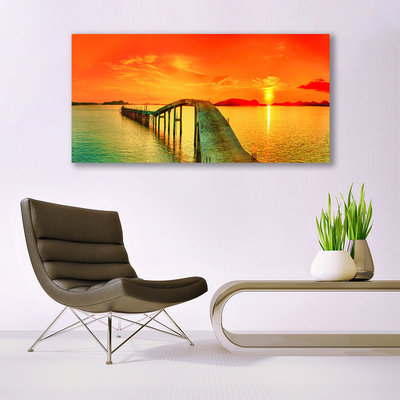 Glass Wall Art Bridge sea architecture grey blue orange yellow