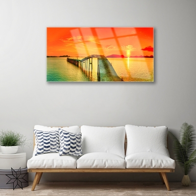 Glass Wall Art Bridge sea architecture grey blue orange yellow