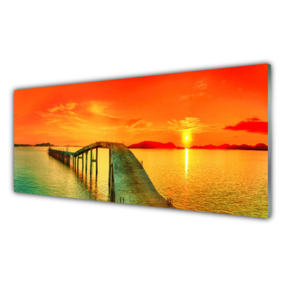 Glass Wall Art Bridge sea architecture grey blue orange yellow