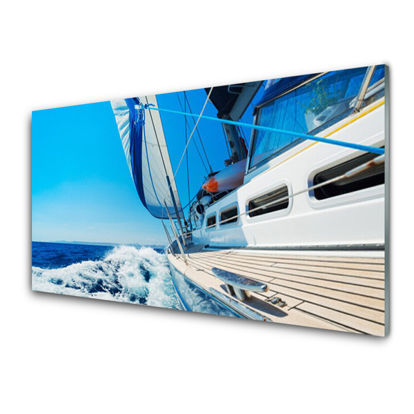 Glass Wall Art Boat landscape blue white