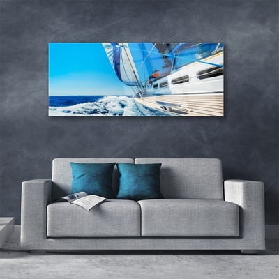 Glass Wall Art Boat landscape blue white