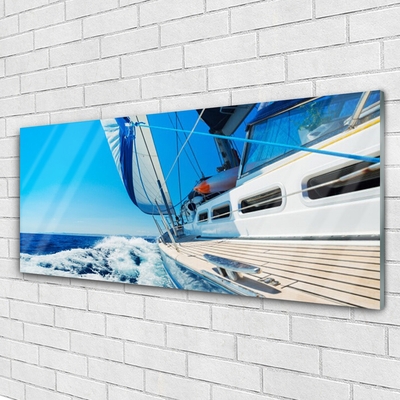 Glass Wall Art Boat landscape blue white