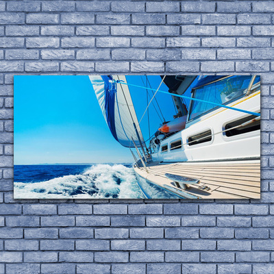 Glass Wall Art Boat landscape blue white