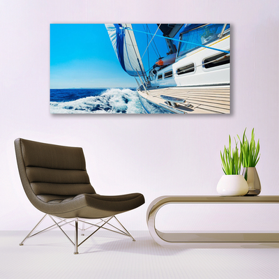 Glass Wall Art Boat landscape blue white