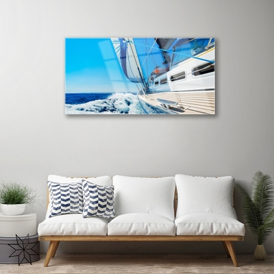 Glass Wall Art Boat landscape blue white