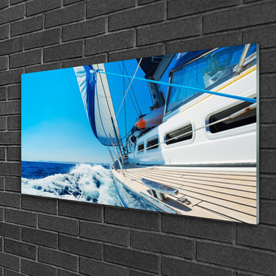 Glass Wall Art Boat landscape blue white