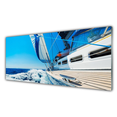 Glass Wall Art Boat landscape blue white