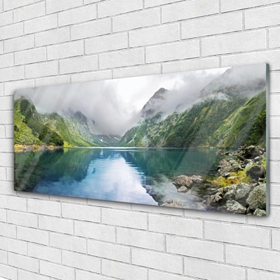 Glass Wall Art Mountain lake landscape blue green grey