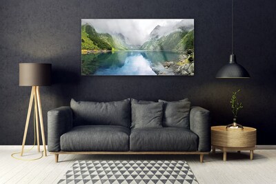 Glass Wall Art Mountain lake landscape blue green grey