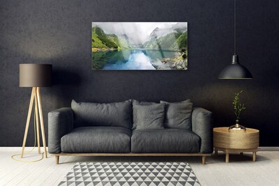 Glass Wall Art Mountain lake landscape blue green grey