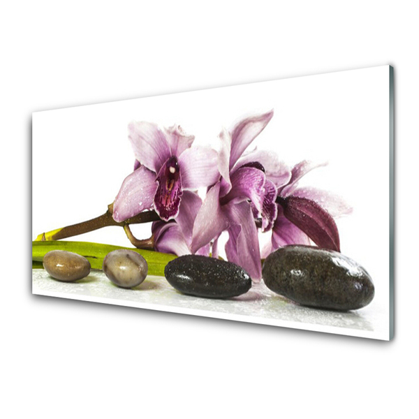 Glass Wall Art Flower stones floral pink grey black