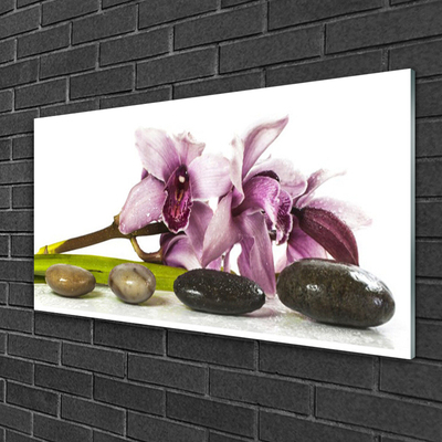 Glass Wall Art Flower stones floral pink grey black