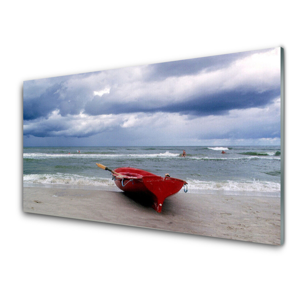 Glass Wall Art Boat beach sea landscape red grey blue