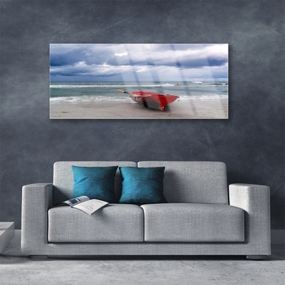 Glass Wall Art Boat beach sea landscape red grey blue